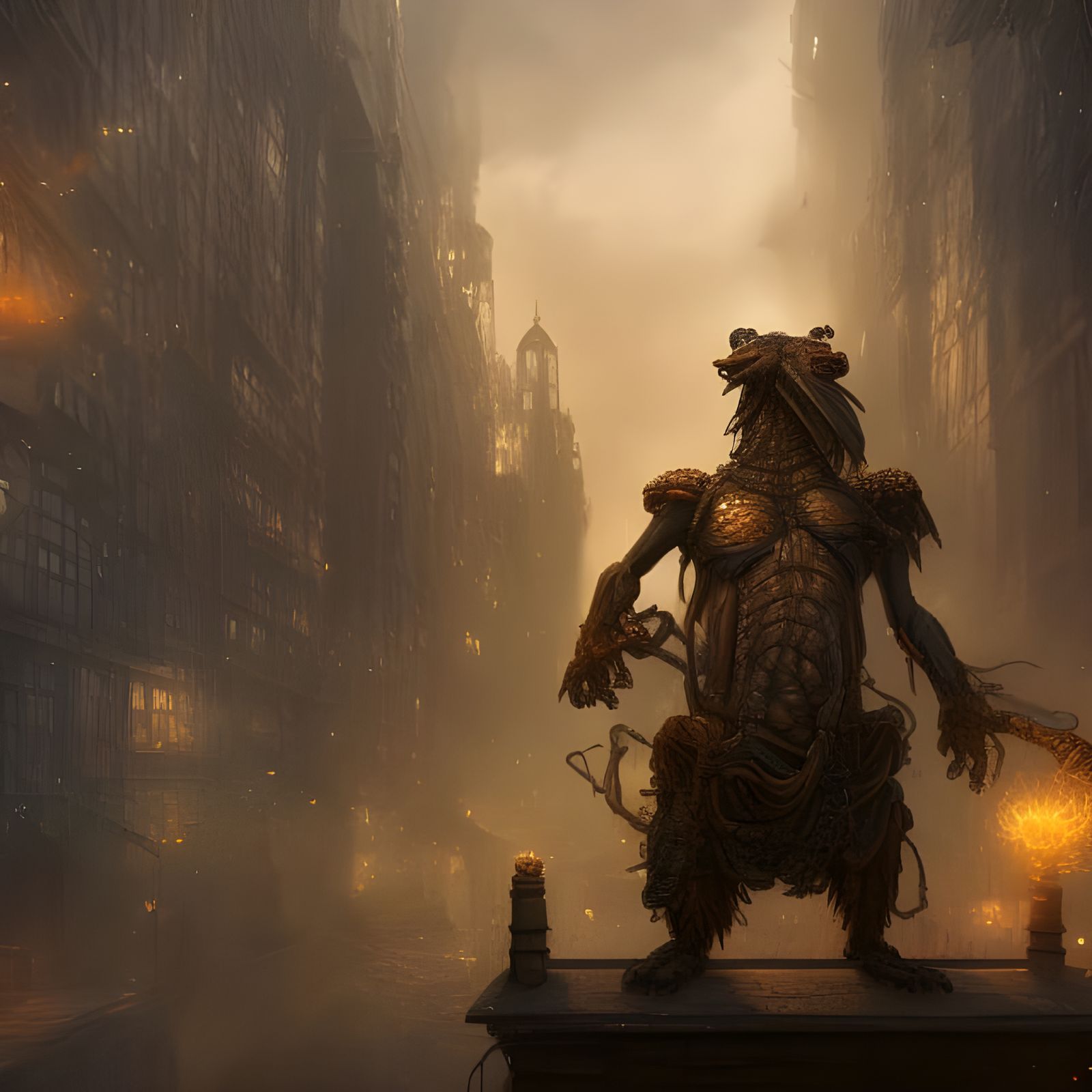 Steampunk Lizard Magi in Hyper-Realistic Cityscape