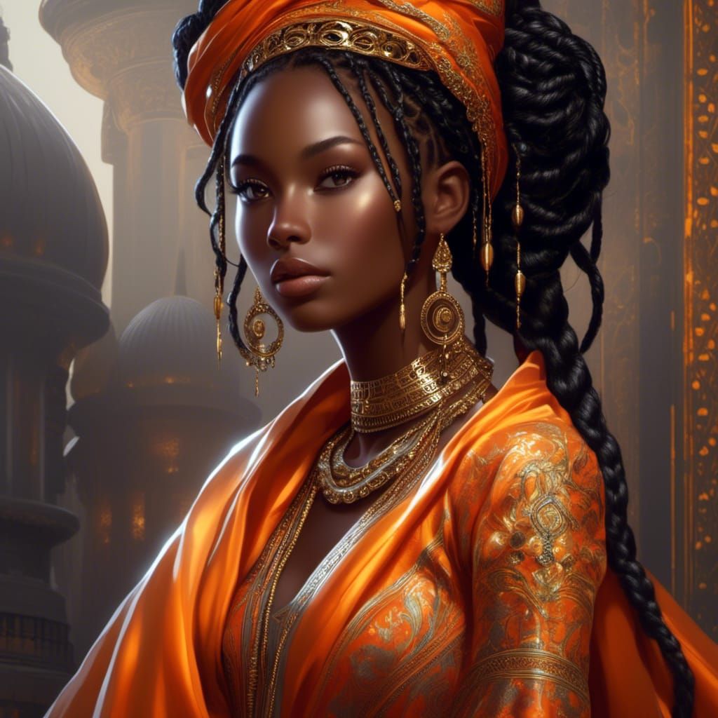 Beautiful Dark Fantasy Princess in Orange Silk Robe