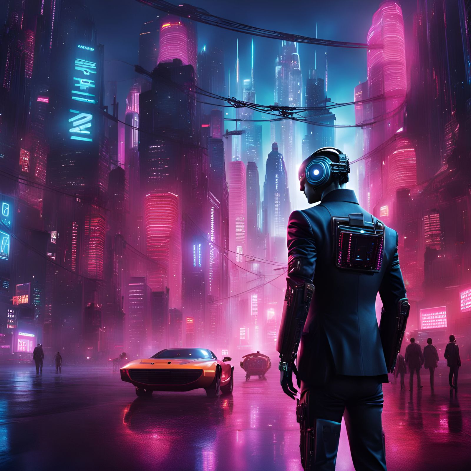 Android in Cyberpunk Cityscape with Blade Runner Elements