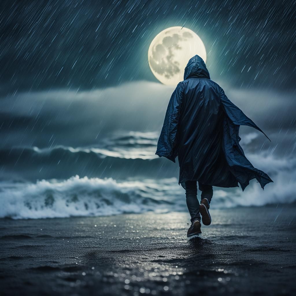 Morrighan Walks a Rainy Beach at Night