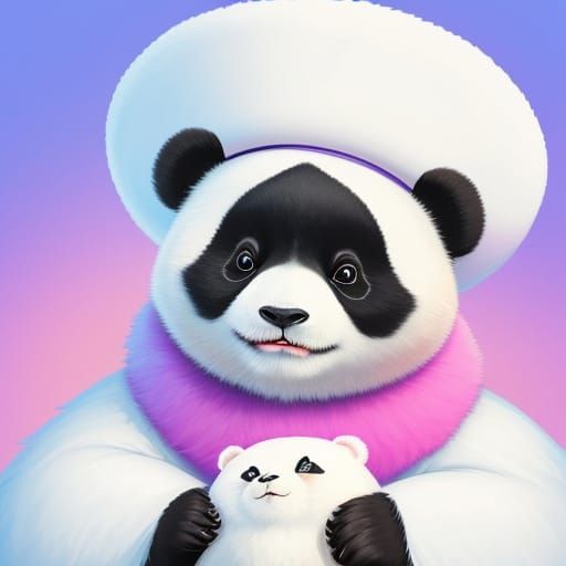 Cute Panda in White Hat Digital Painting