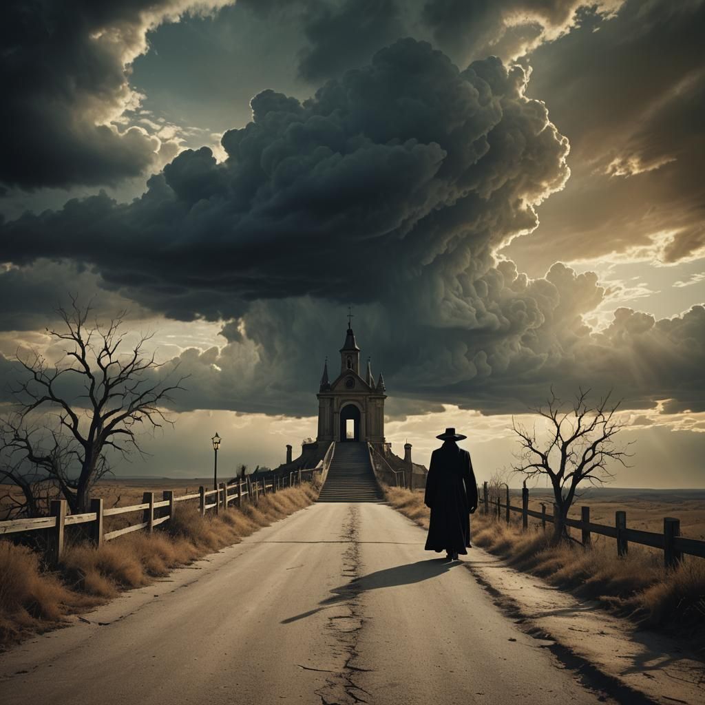 stairs from road to sky, vintage color, a grim reaper standi...