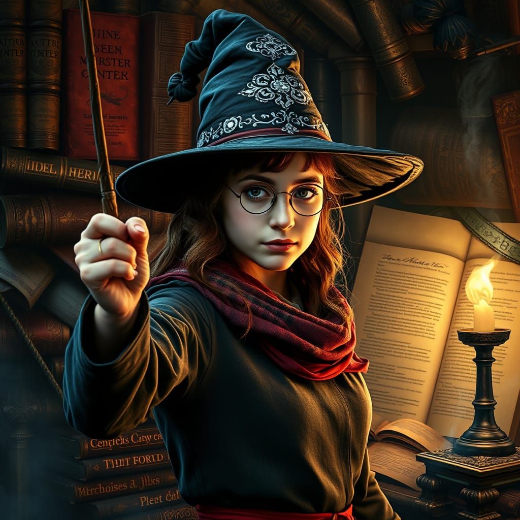 Heroic Hermione Granger in Wizard's Attire, Ready for Magic