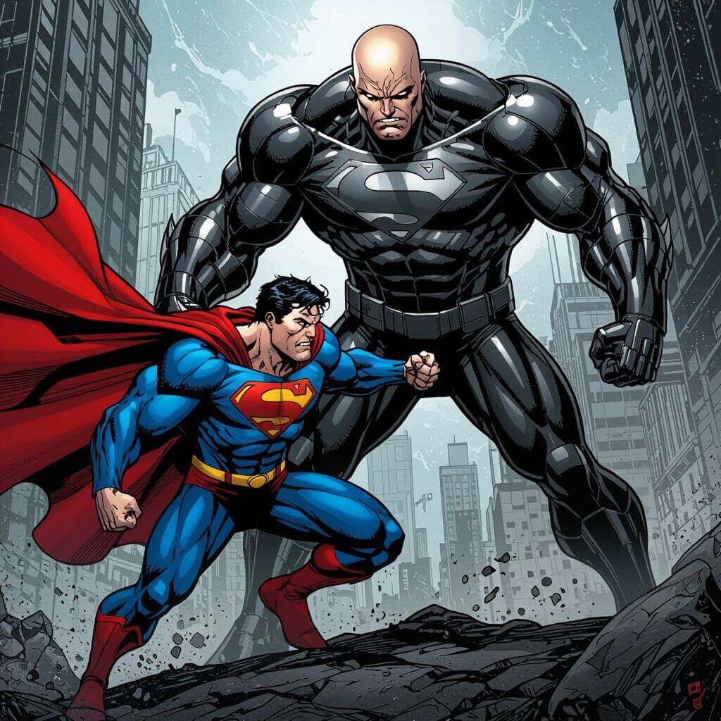 Superman vs. Muscular Lex Luthor in Comic Book Style
