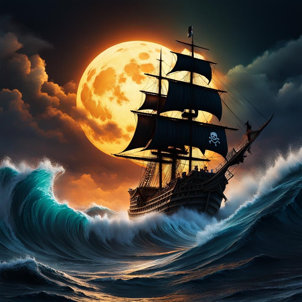 Pirate Ship on High Waves Under Full Moon