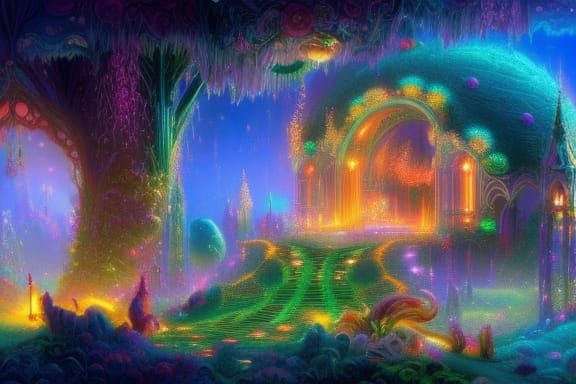 Neon Fantasy Landscape with Bunnies: Digital Art