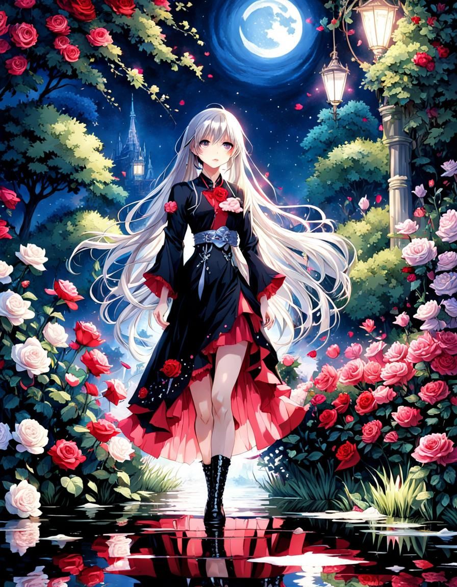 Anime Girl in Rose Garden at Night