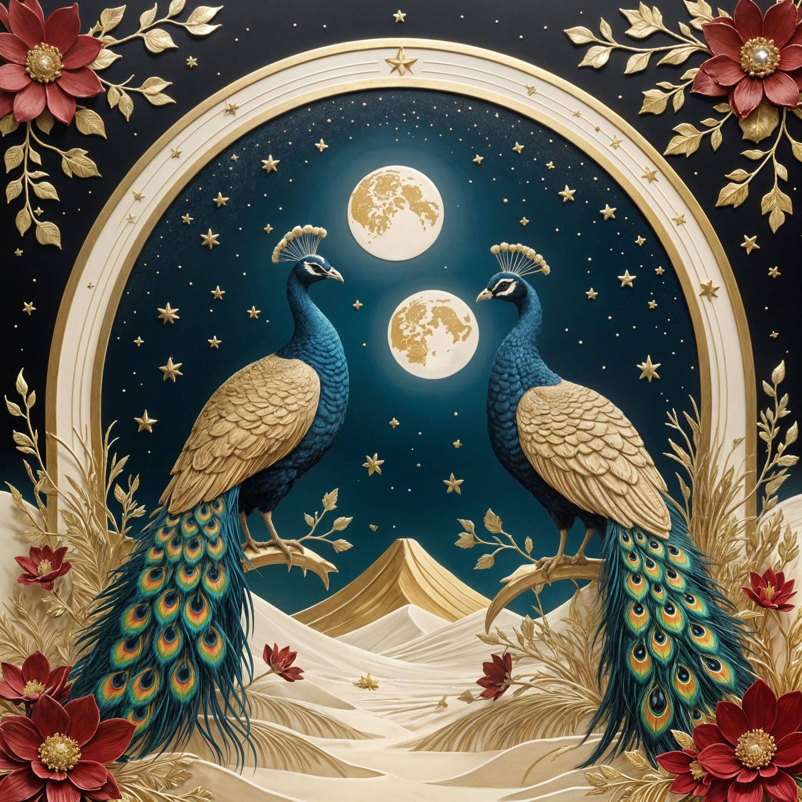 Luxurious Celestial Night Landscape with Intricate Peacocks...