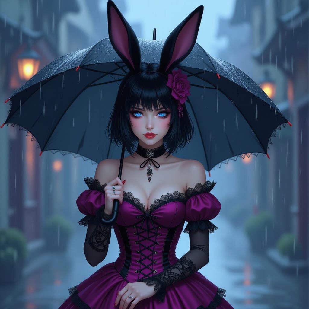 Gothic Girl With Rabbit Ears in Rainy Fantasy Art Style