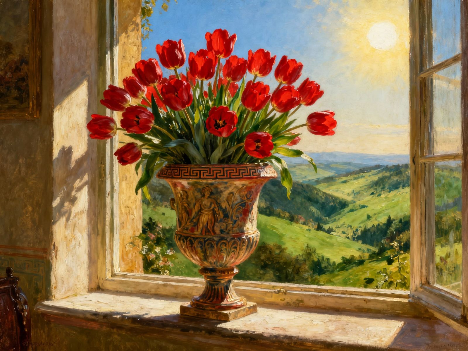 Greek Urn of Red Tulips in Sunny Valley, Oil Painting