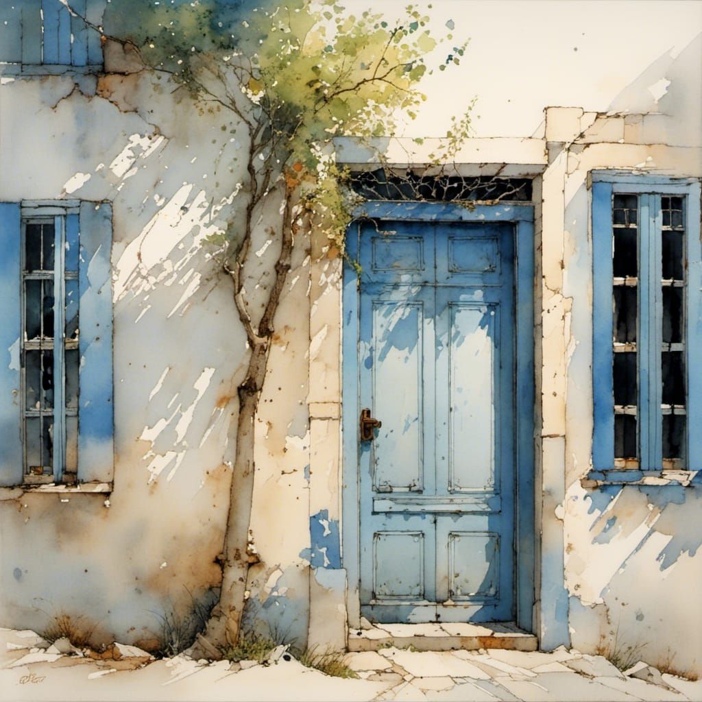 Old Blue Door on White Background