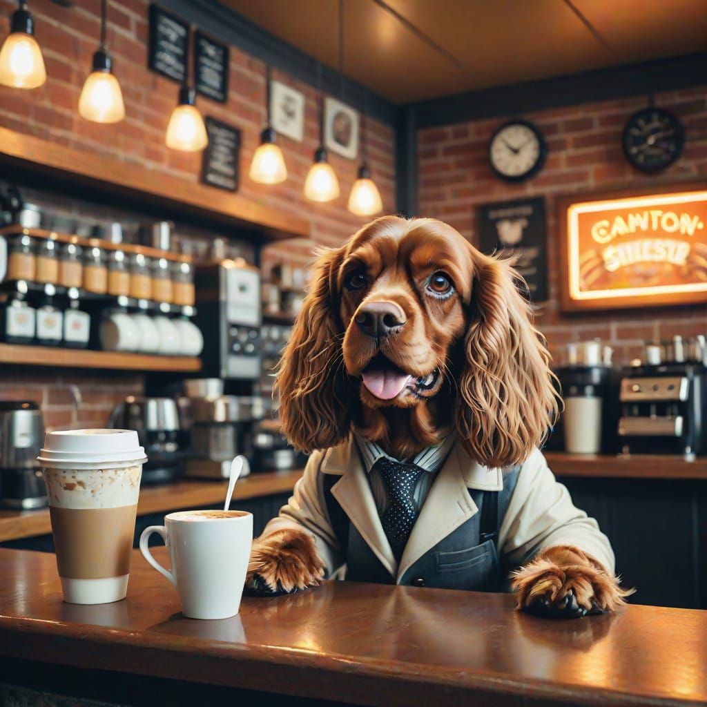 Retro English Coffee Shop Barista Dog in Action