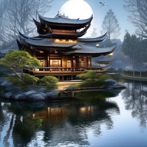 Magical Japanese Garden Under Moonlit Sky