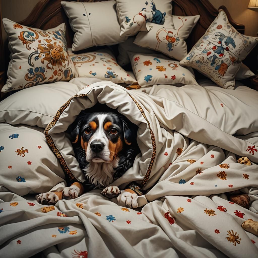 Sad Dog in Bed Sick with Thermometer