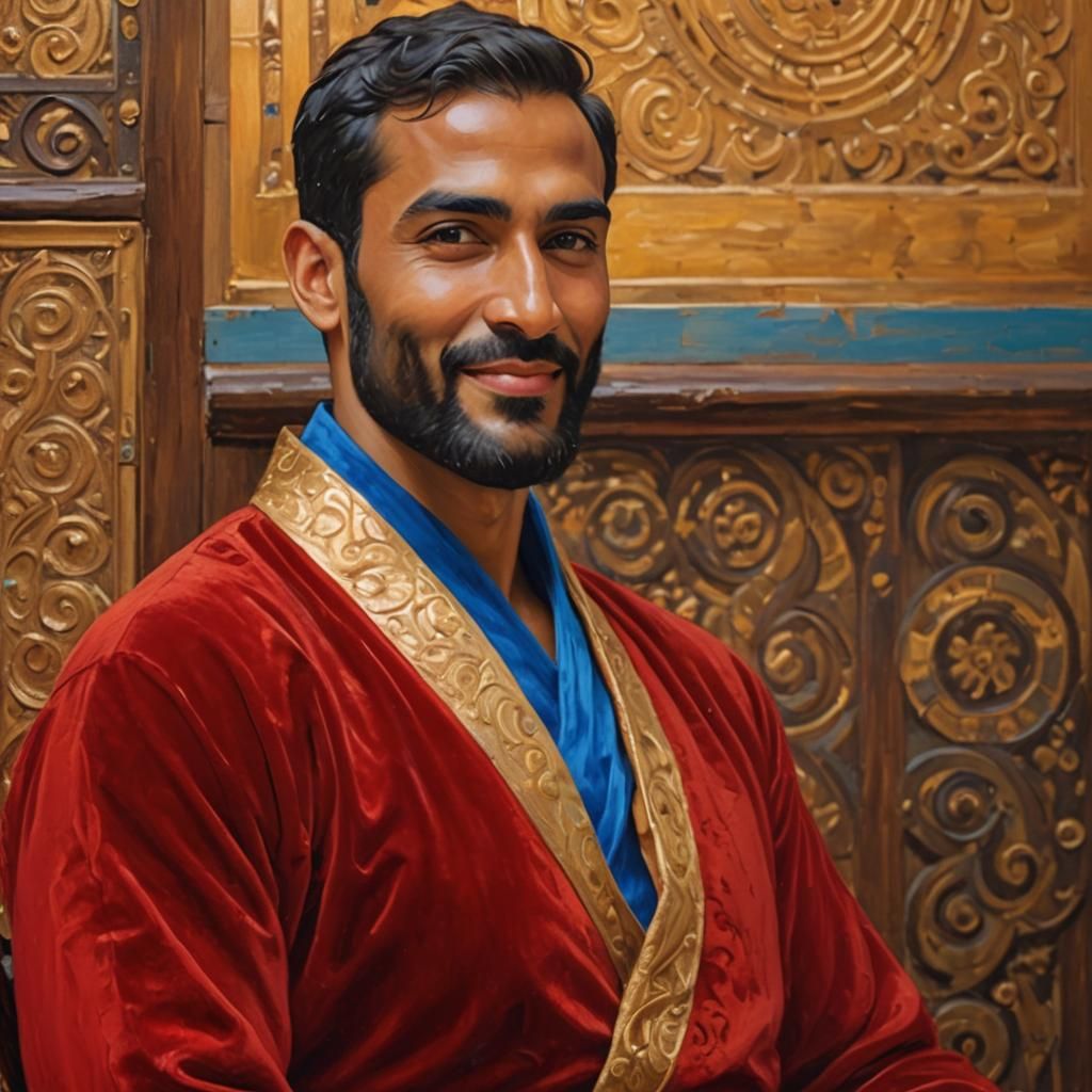 Smiling Man in Red Velvet Robe as Impasto Painting