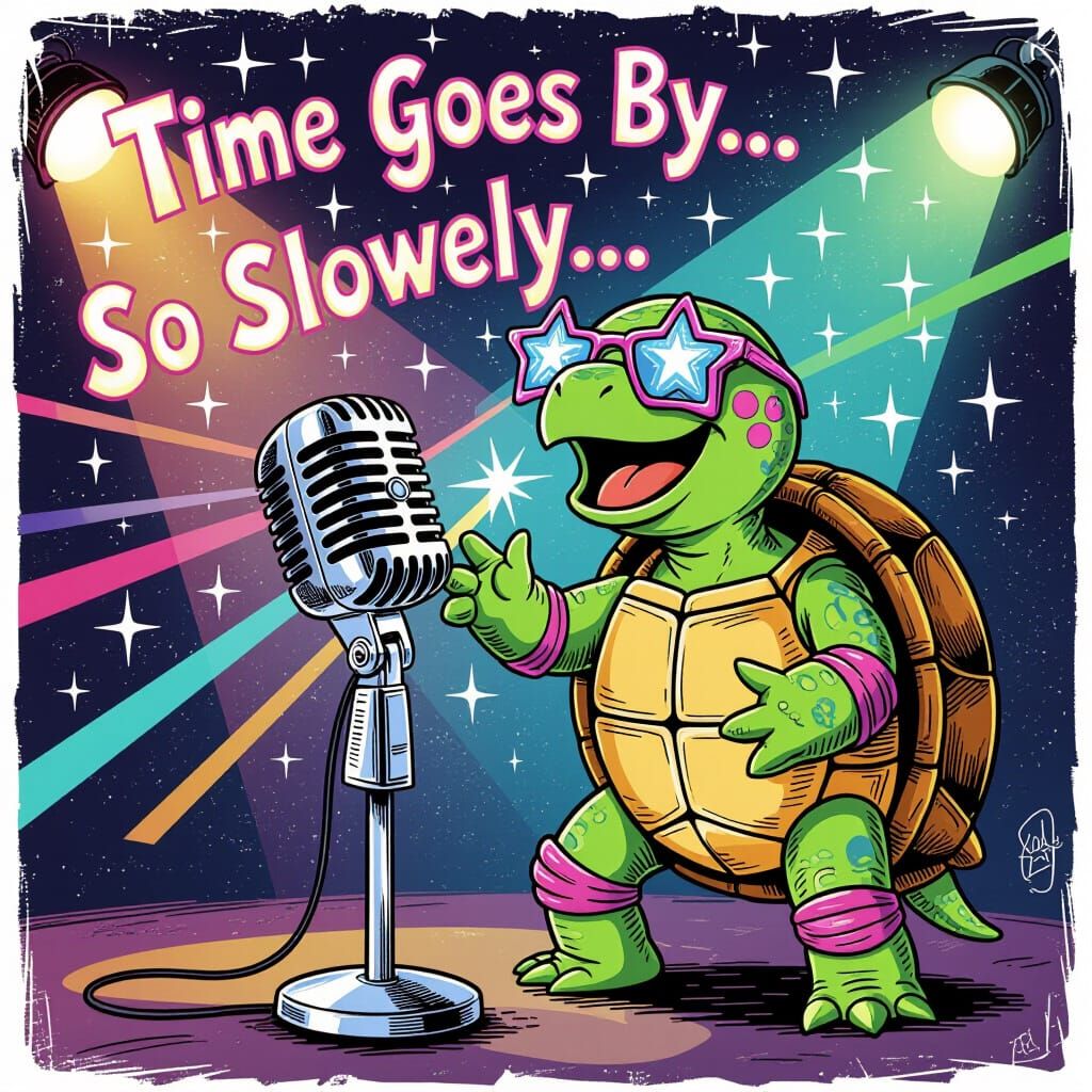 Anthropomorphic Turtle Singer in Psychedelic Cartoon Style