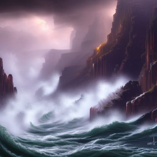 Raging Floodwaters Engulf Canyon in Stormy Digital Painting