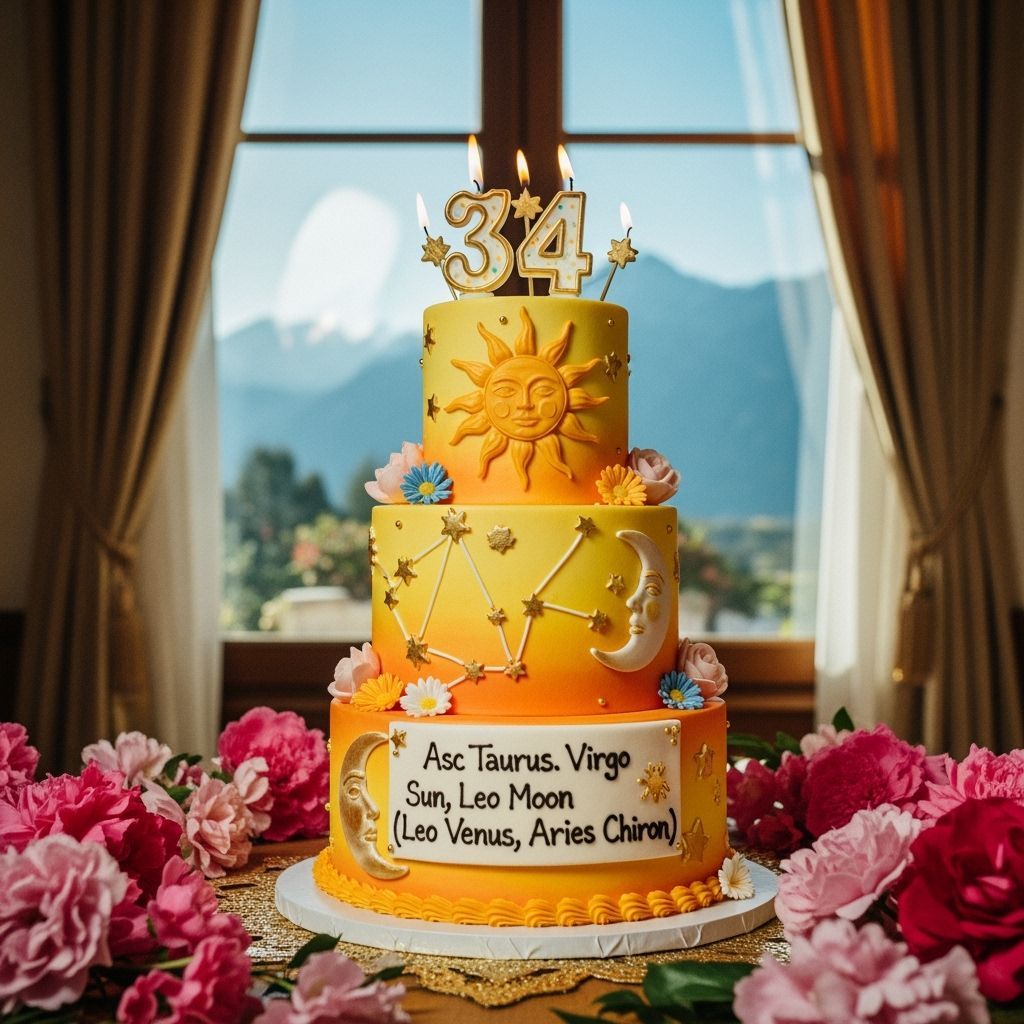 Vibrant Multi-Tiered Cake with Candles and Celestial Designs