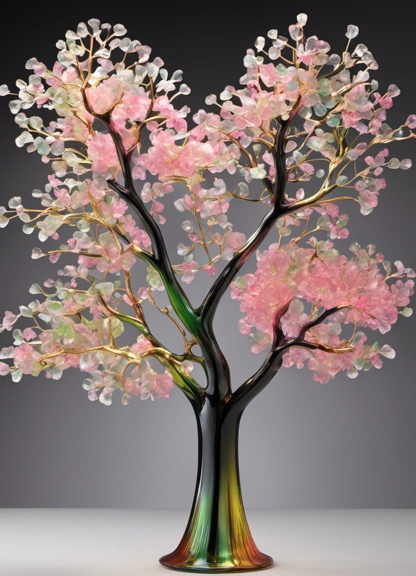 Gradient Glass Flowering Tree Sculpture in Art Nouveau Style