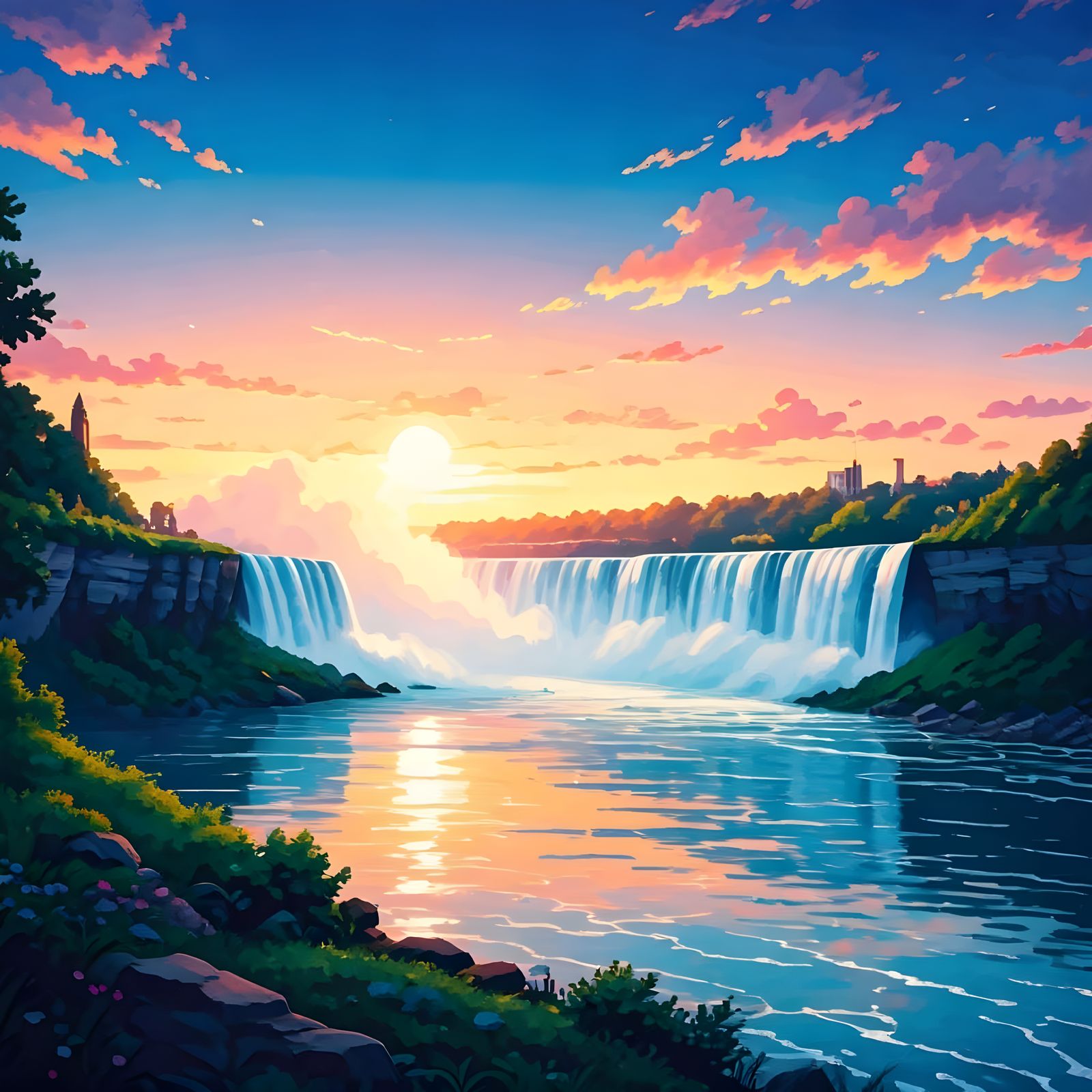 Surreal Watercolor Painting of Niagara Falls at Sunset