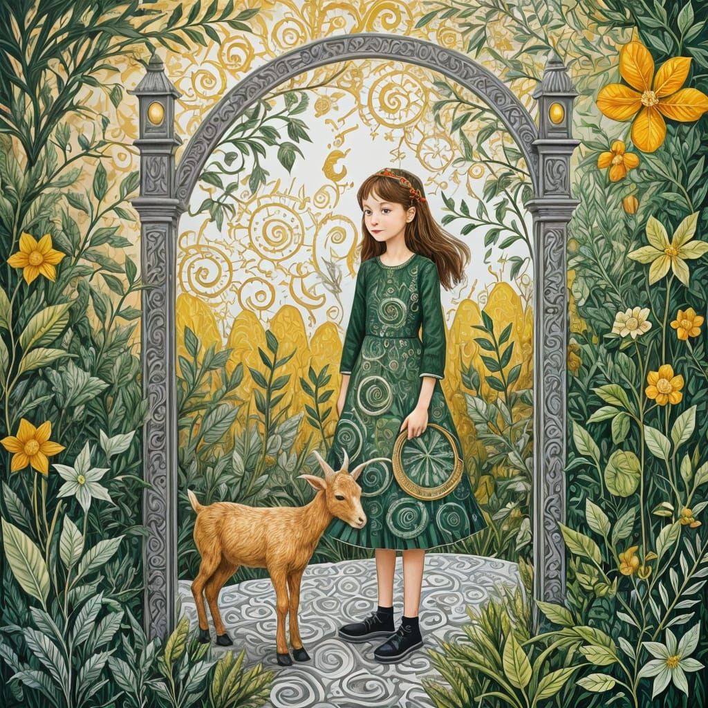 Whimsical Folk Art: Girl, Goat, and Green