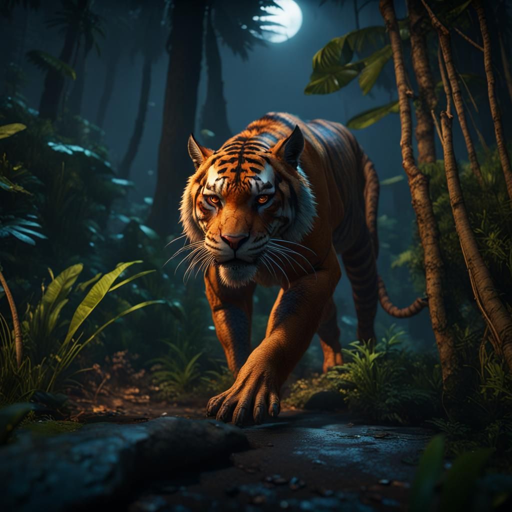 Weretiger Stalking in a Night Jungle