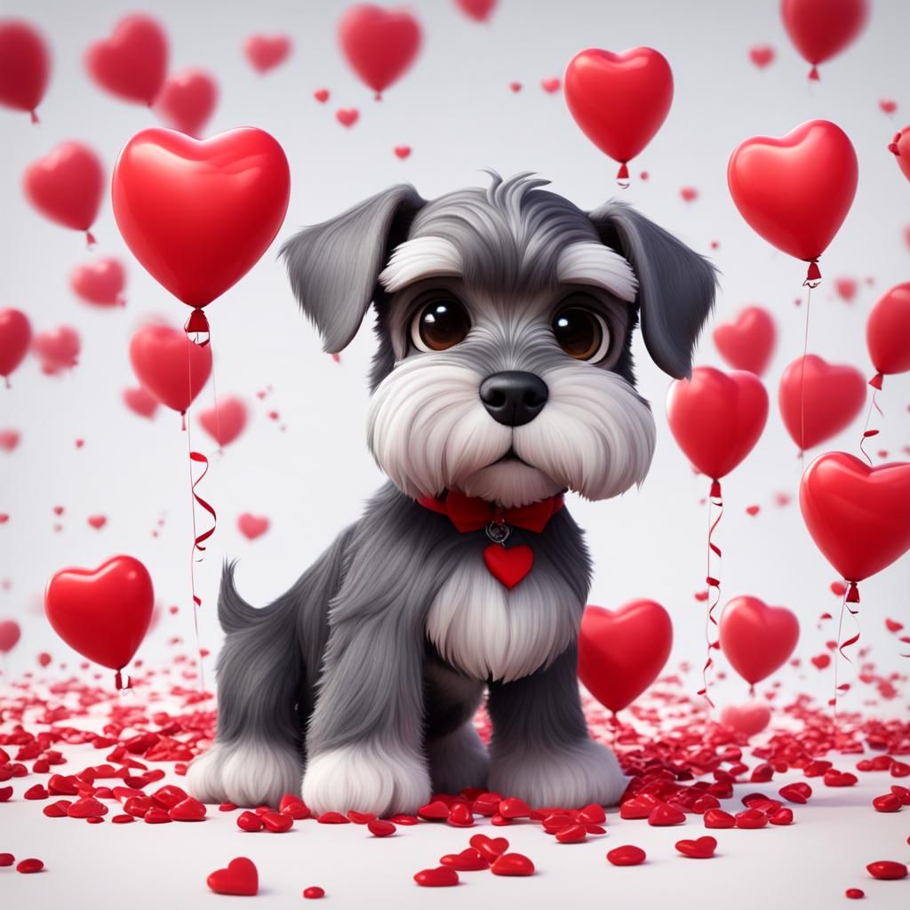 Cute Sad Schnauzer Puppy with Red Hearts, Pixar Style
