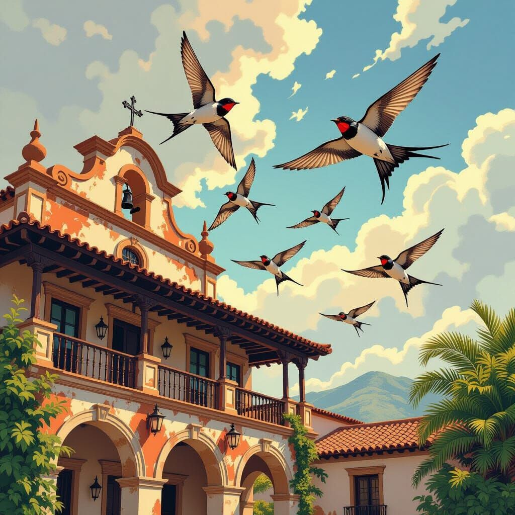 Comic Style Swallows Depart Mission Building