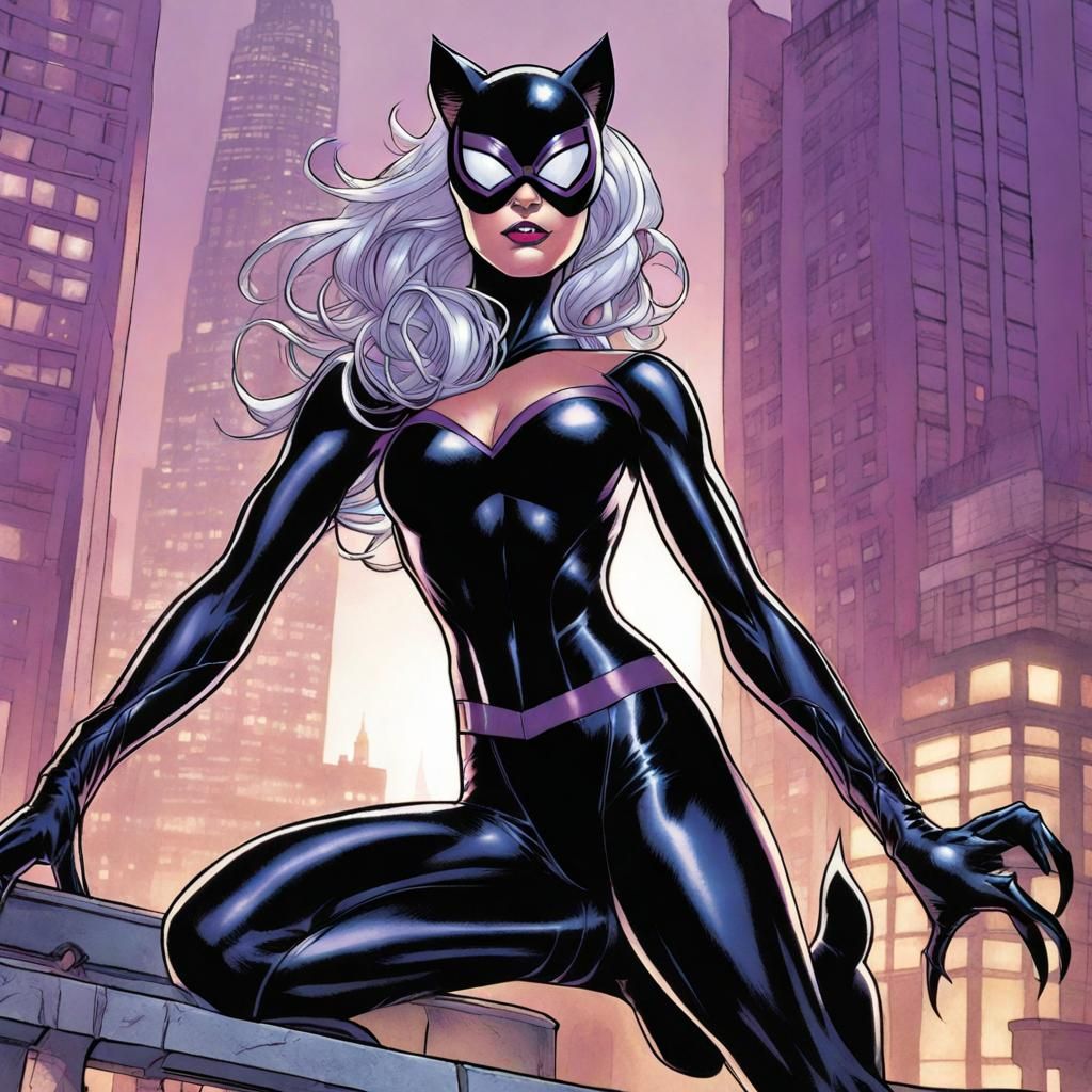 Bionic Black Cat-Woman with Purple Highlights in Comic Art