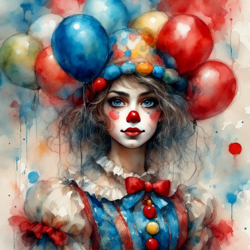 Beautiful Clown Girl with Balloon in Vintage Style