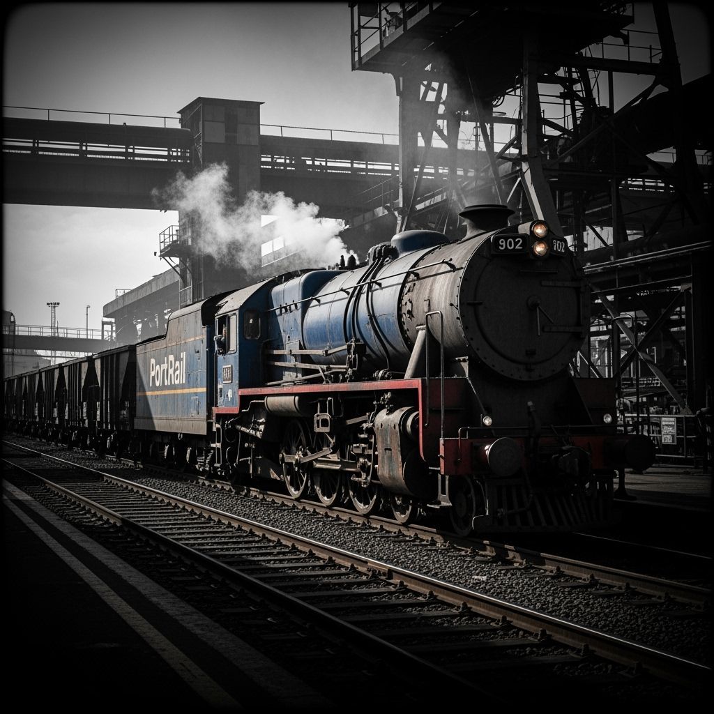 Monochrome PortRail Locomotive in Film Noir Style
