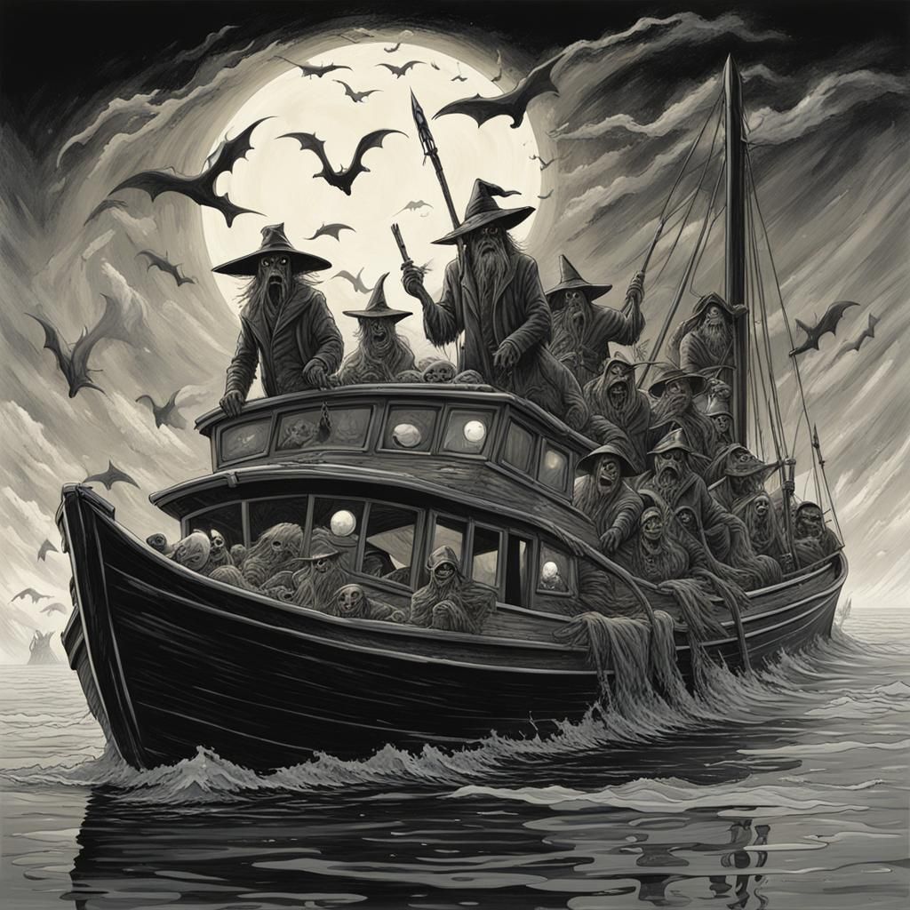 Sinister Boat with Ghosts, Witches and Monsters