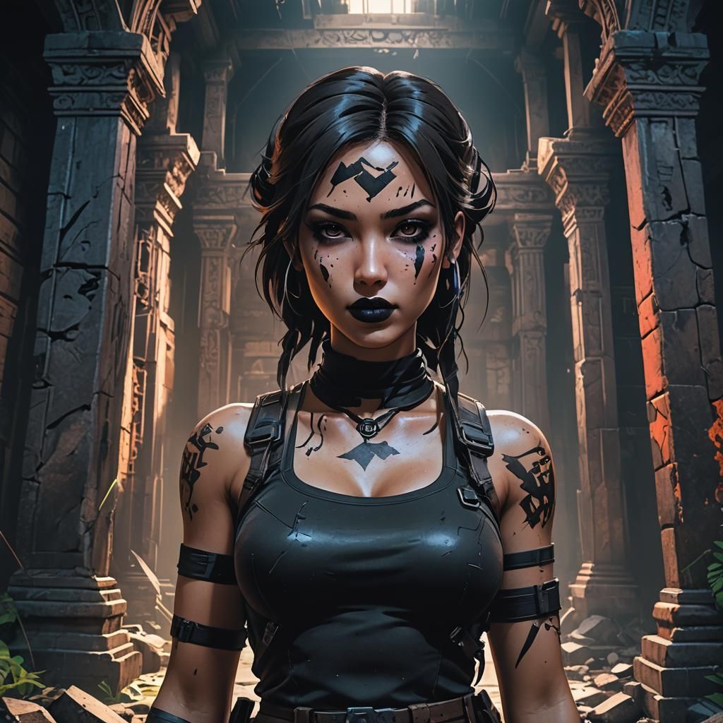 Gothic Anime Lara Croft in Abandoned Temple
