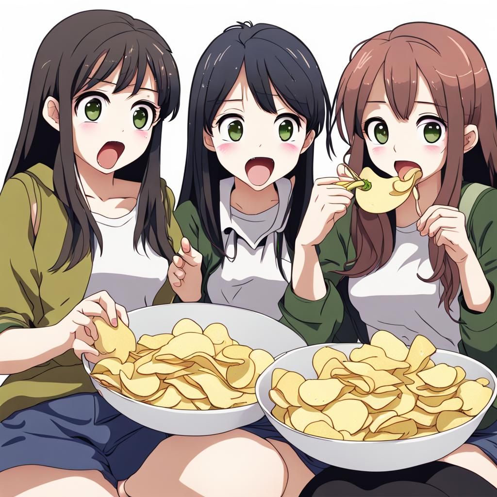 Anime Style Girls Share Potato Chips