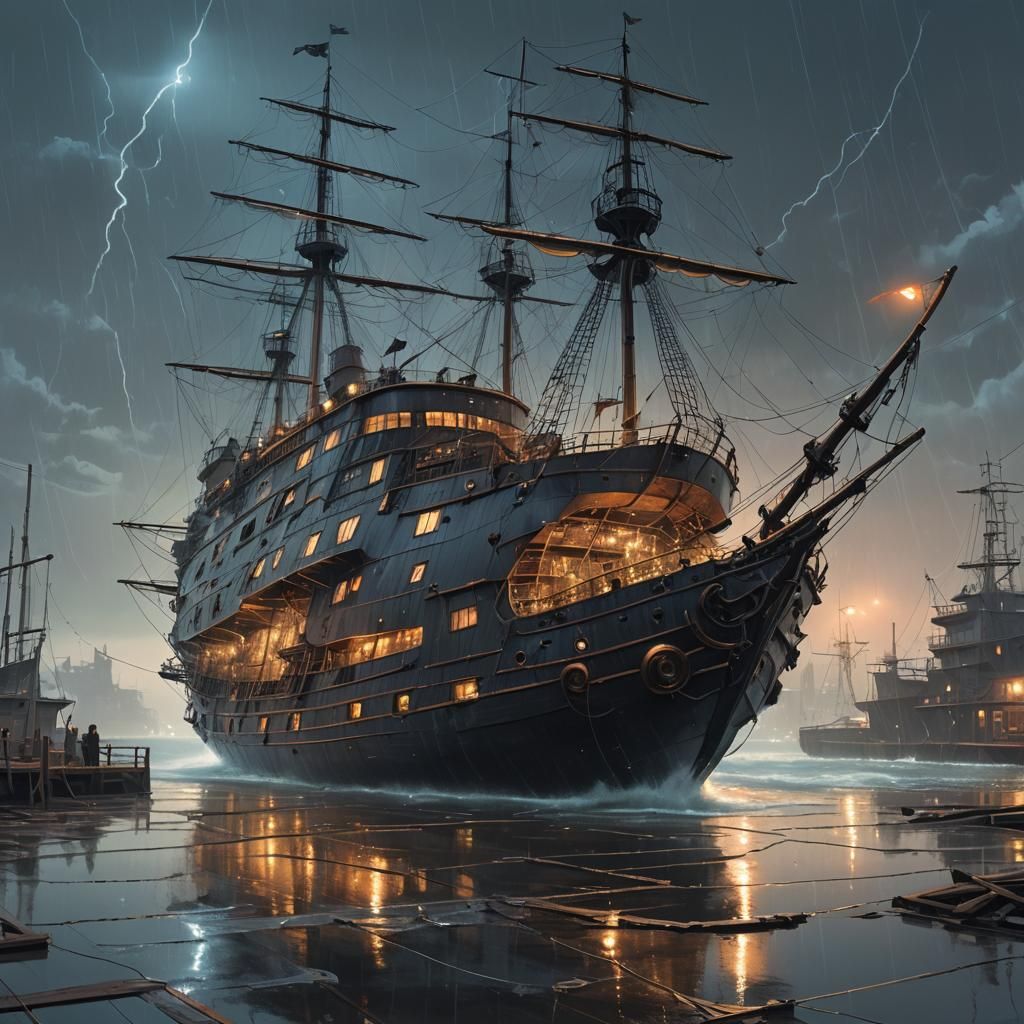 Glass Pirate Ship Navigating a Stormy Night