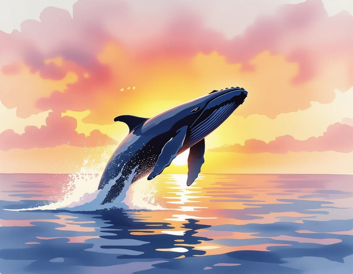 Humpback Whale Breaching at Sunset in Watercolor