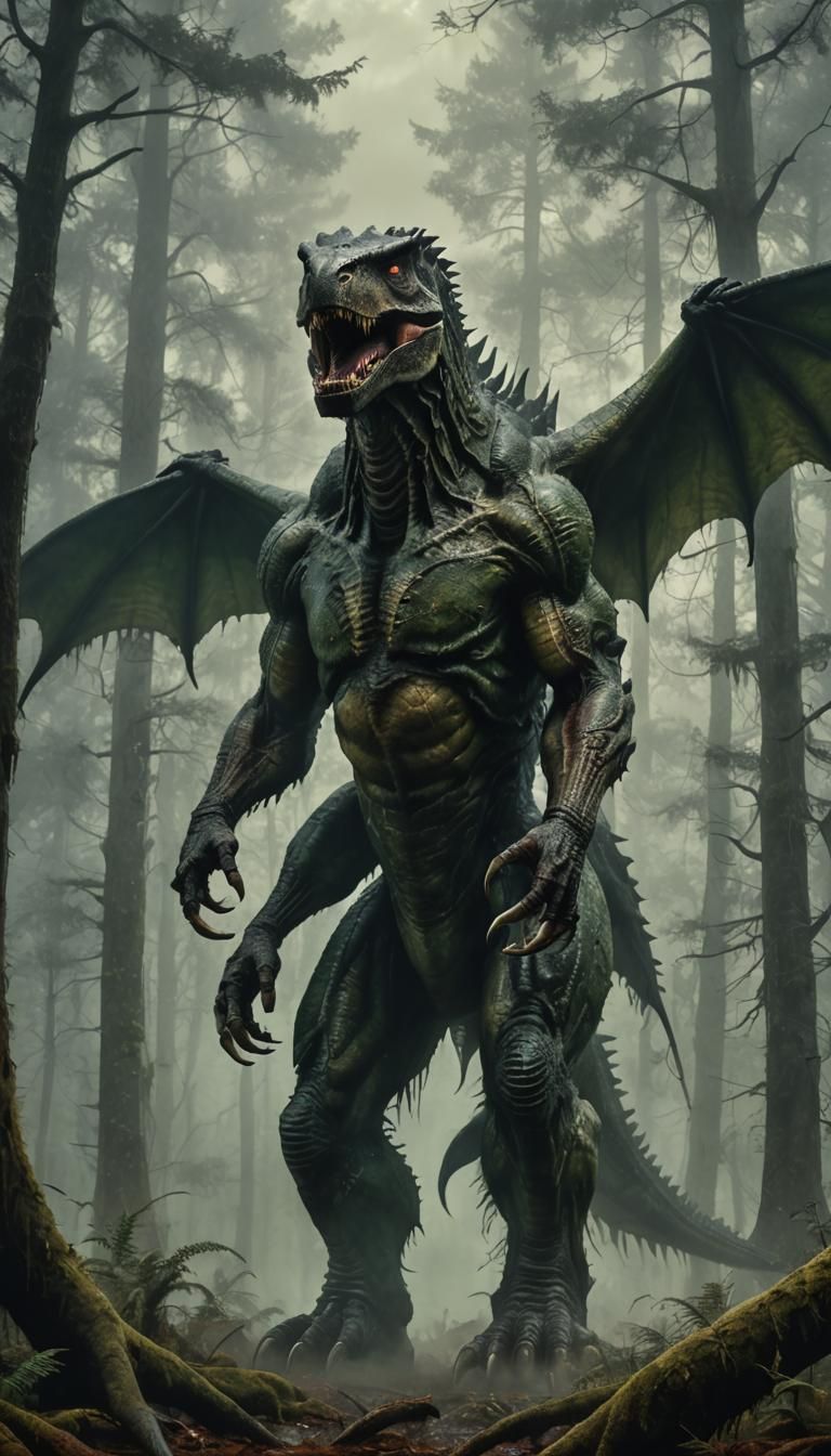 Tyrannosaur with Wings in Misty Forest