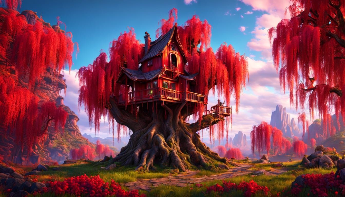 Whimsical Red Weeping Willow Treehouse in Vibrant Fantasy Ar...