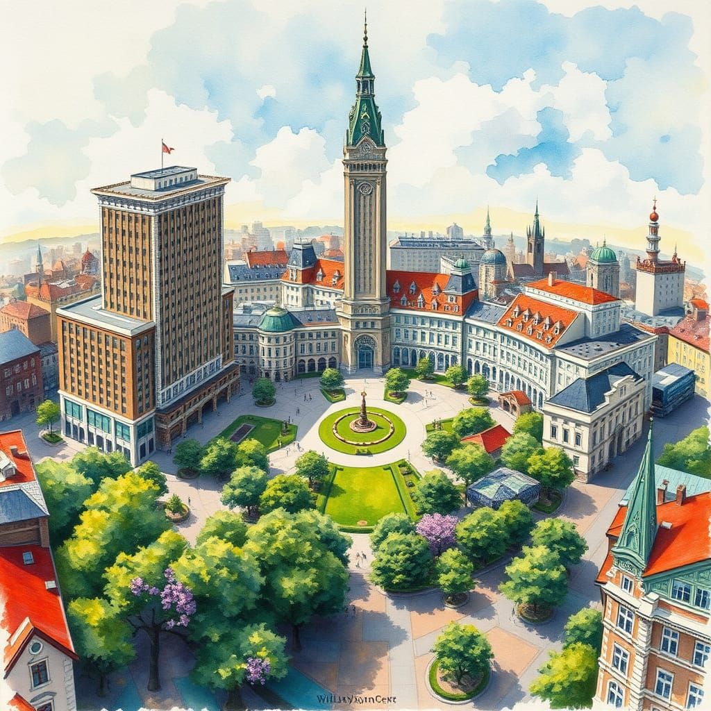 Northern Art Nouveau City Square in Vibrant Watercolor Style
