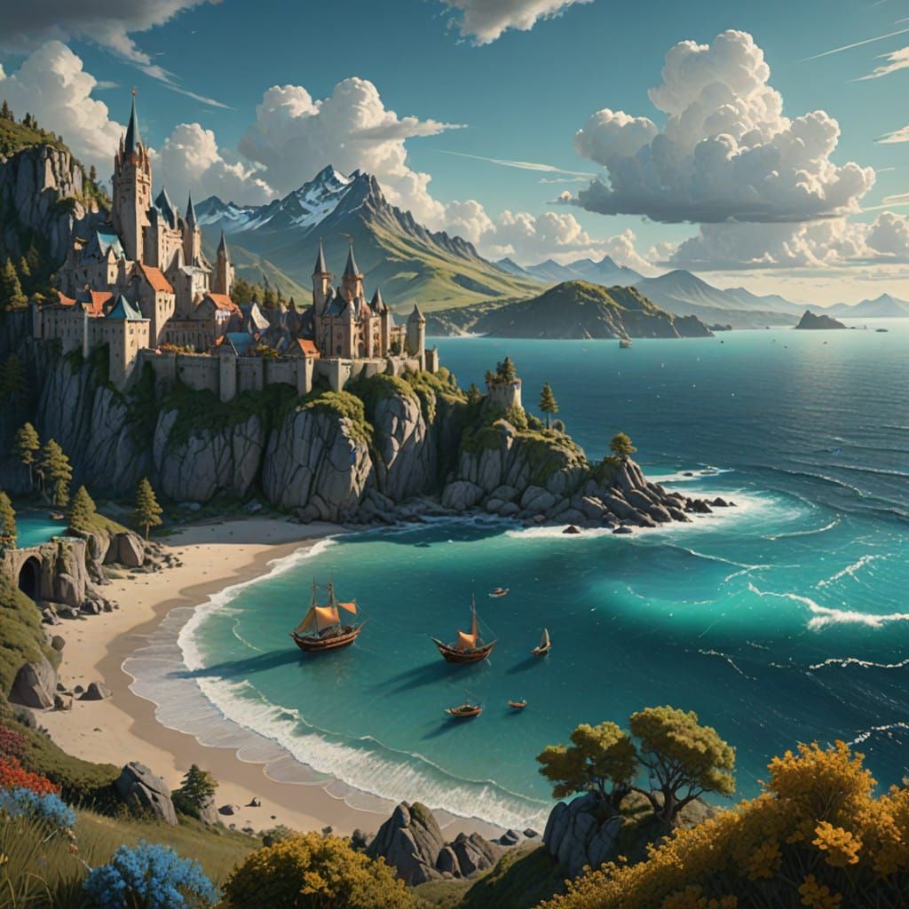 Turquoise Ocean Scene in Smooth Post-Impressionist Style