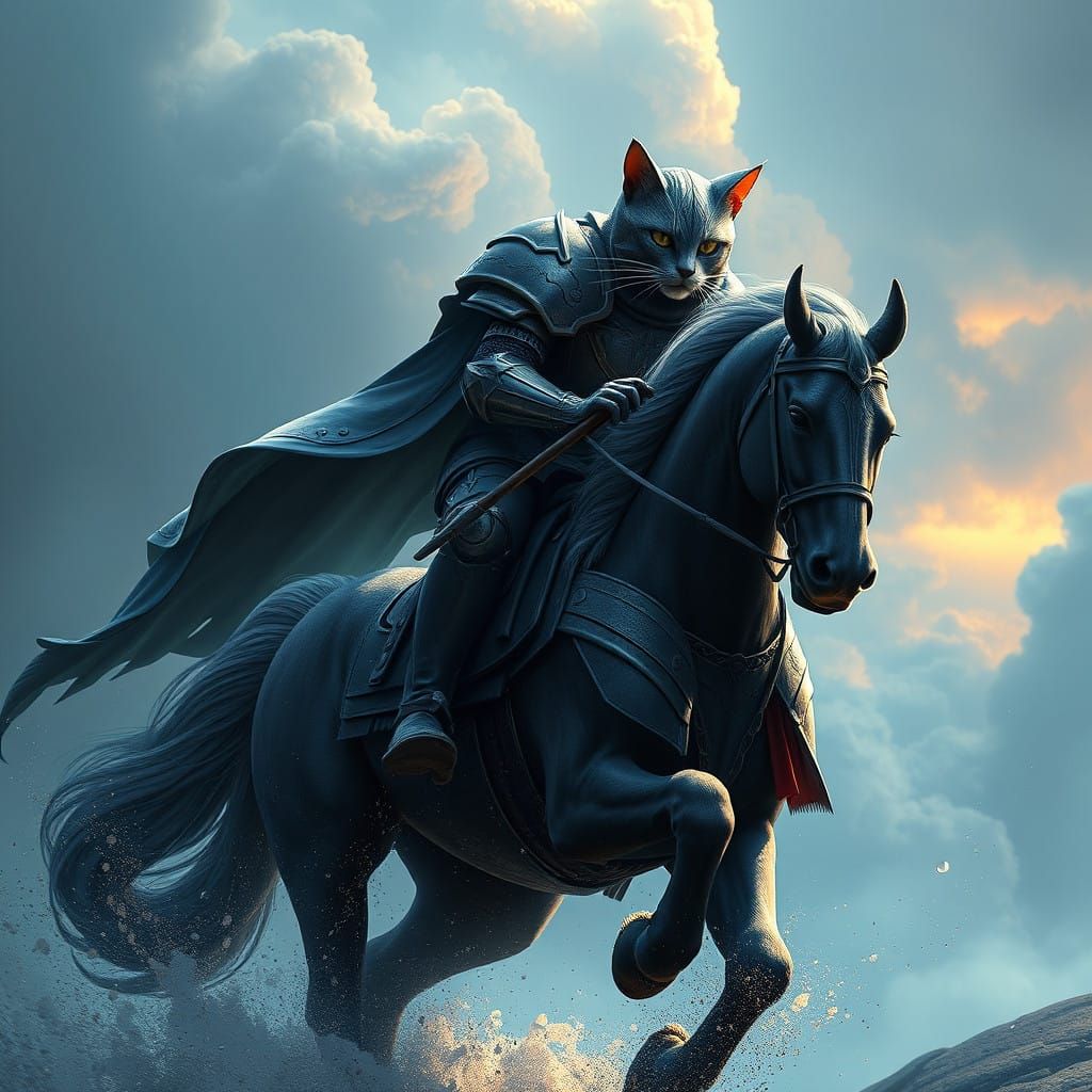 Fantastical Knight Cat on Horse in Vibrant Colors