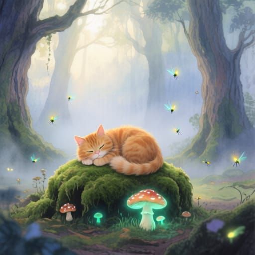 Ginger Cat Rests on Glowing Mushroom in Enchanted Forest