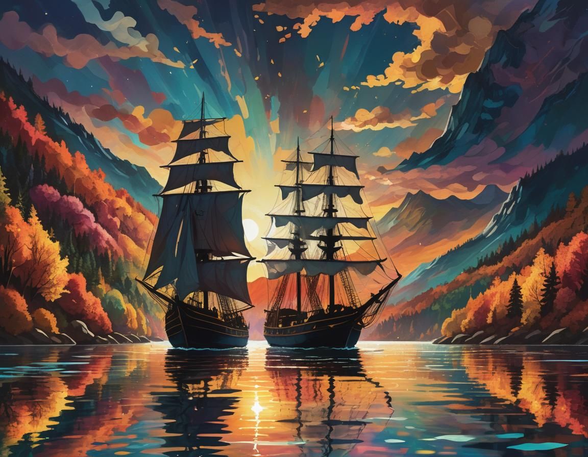 Sail Ship at Sunset in Dreamlike Autumn Landscape