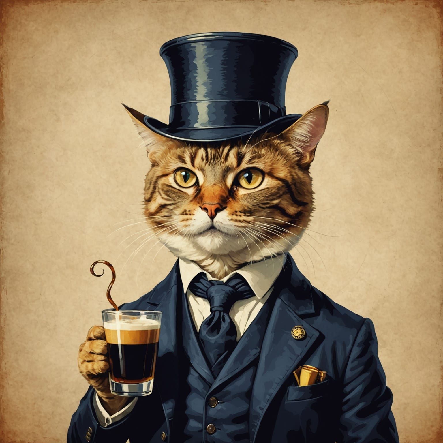 Cat with Monocle Enjoys Espresso