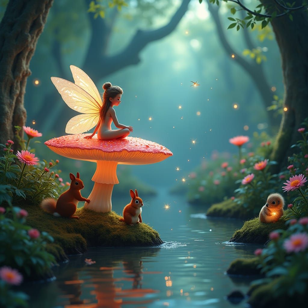 Fairy on Mushroom in Mystical Forest, Matte Painting