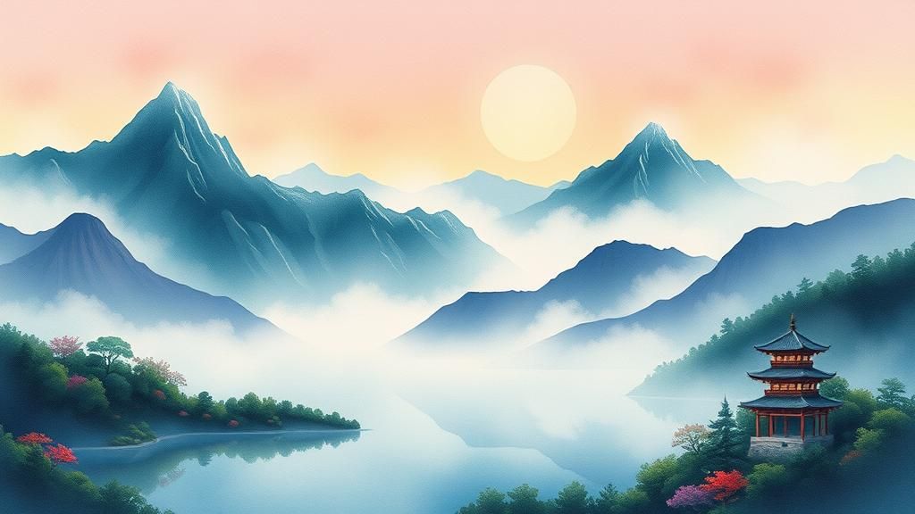 Mystical Far-Eastern Landscape in Watercolor Style