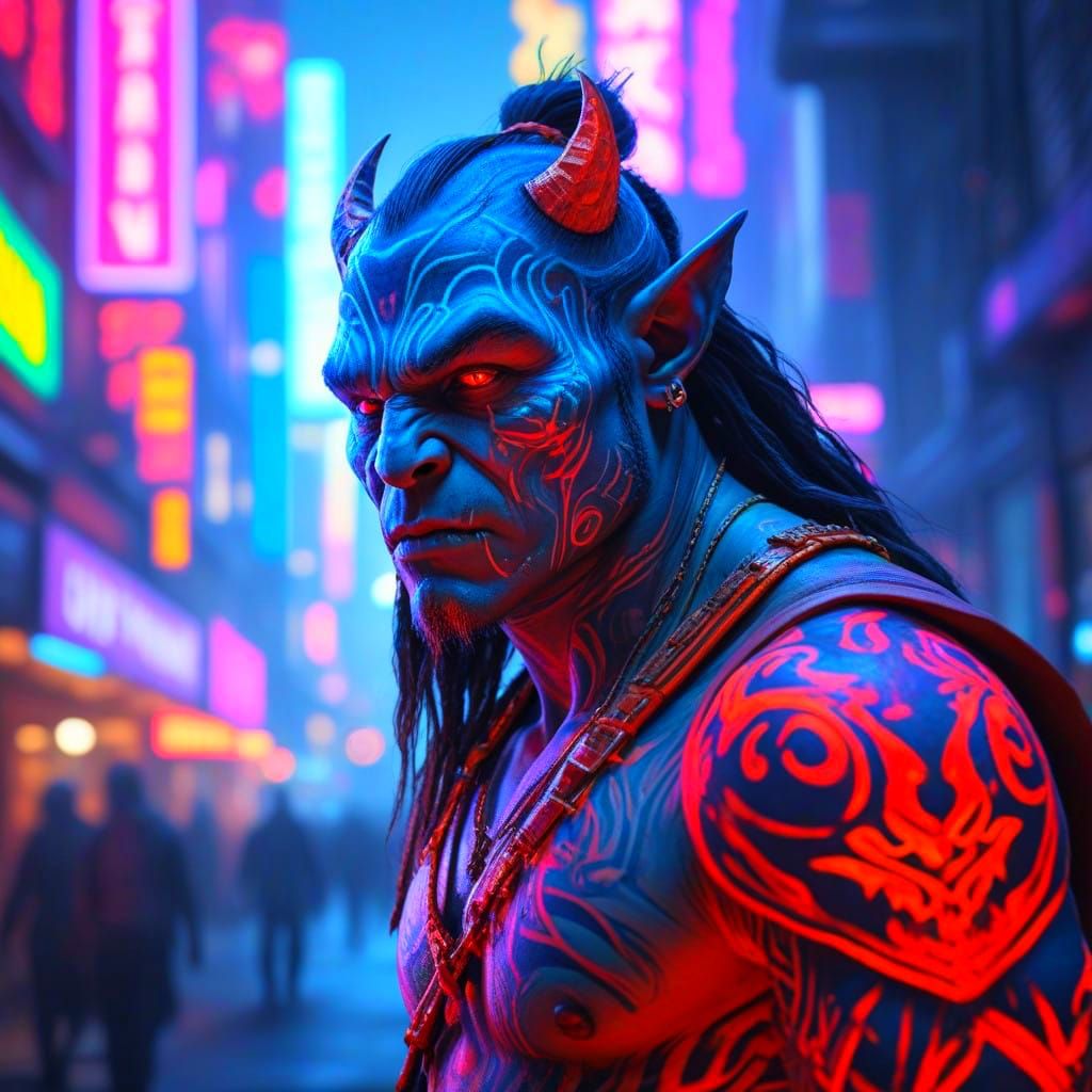 Cyberpunk Orc Beings in Neon-Lit Urban Landscapes