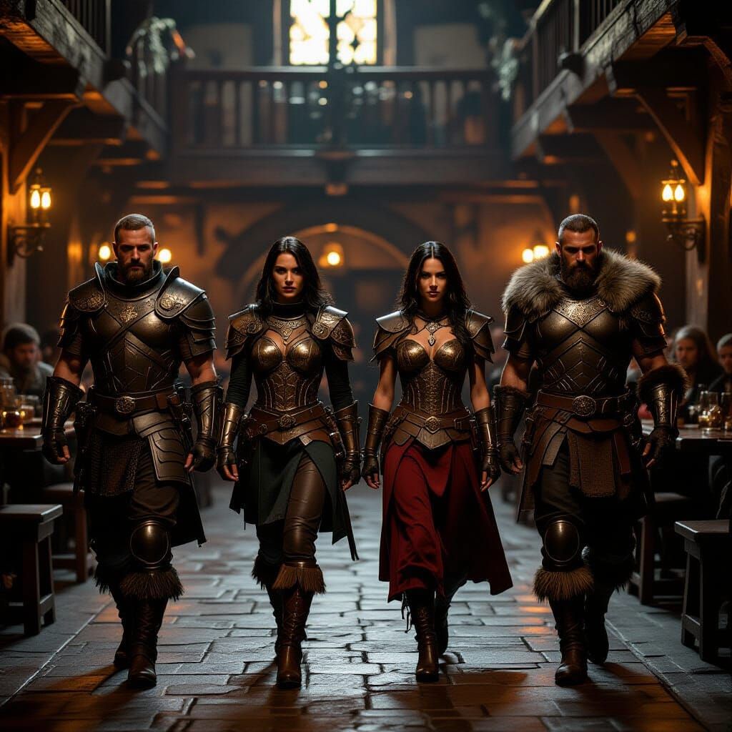 Fantasy Heroes Enter Medieval Tavern in Cinematic Style