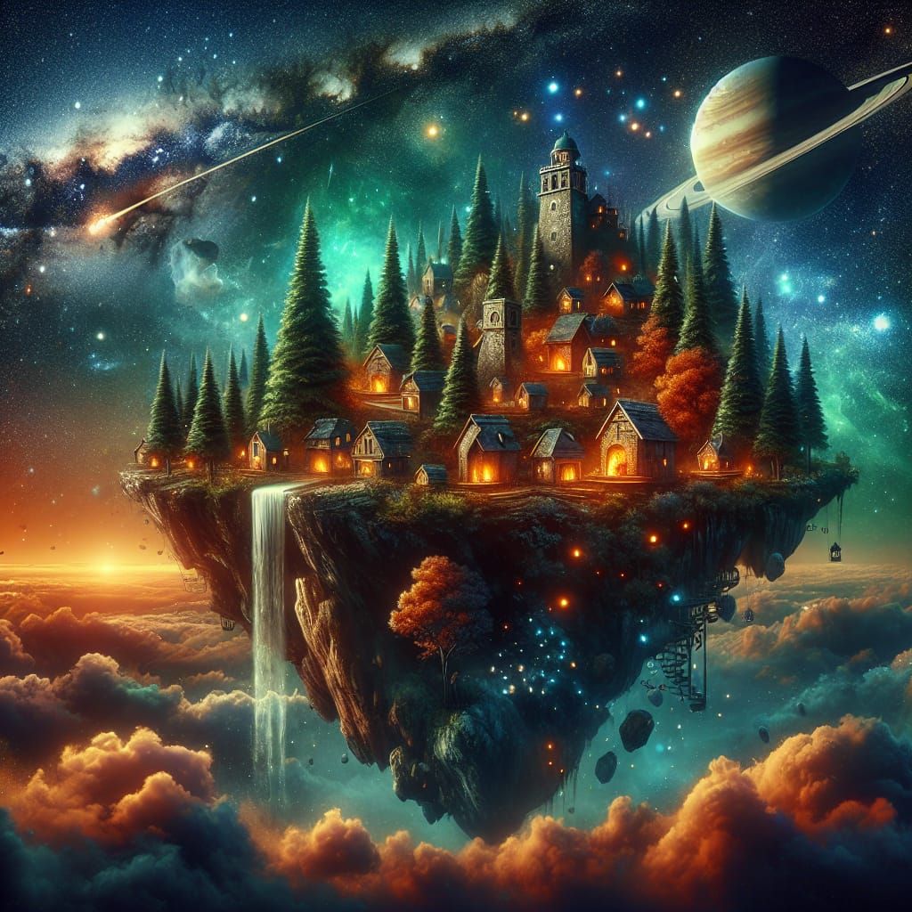 Fantasy Floating Island at Night in Cosmic Sky