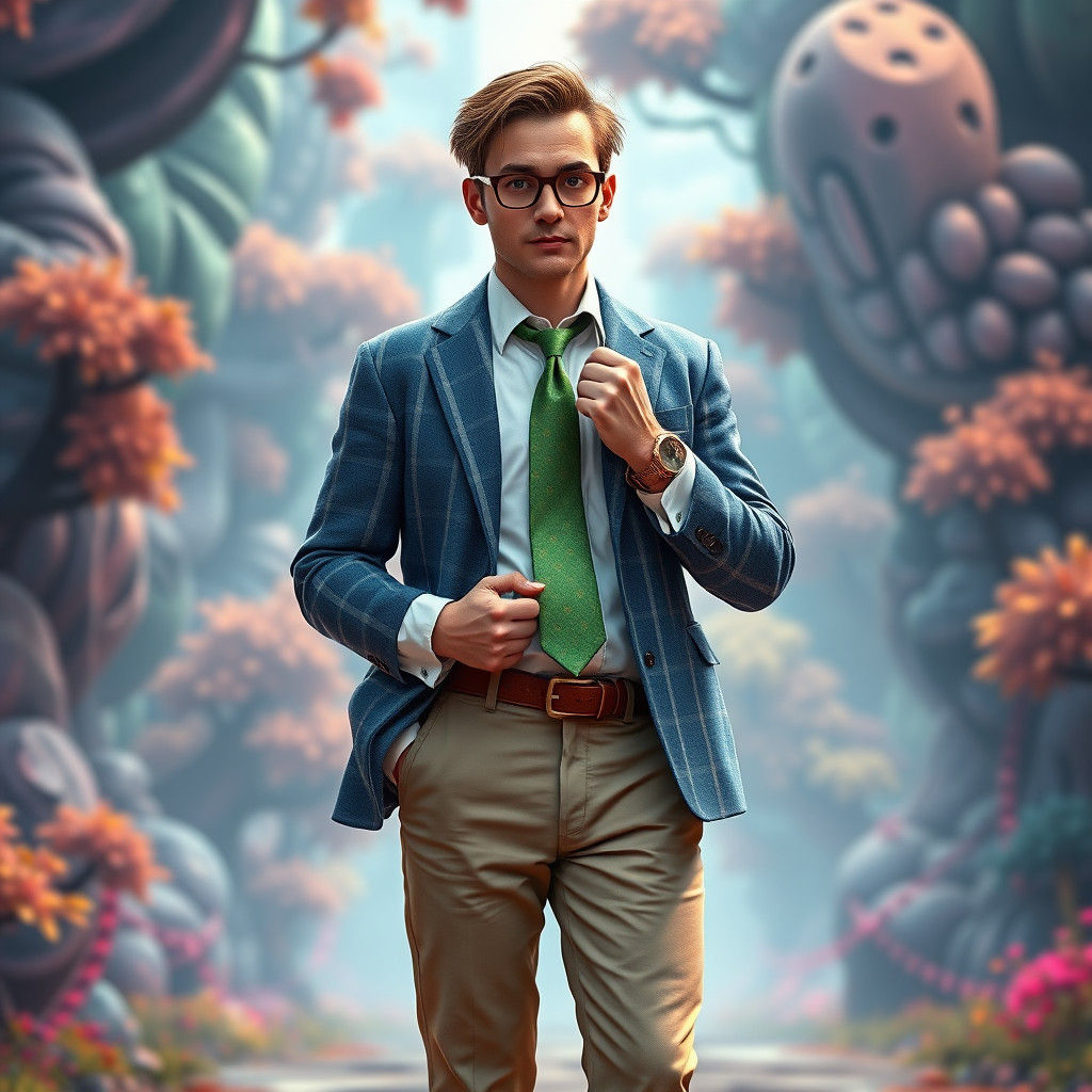 Disheveled Gentleman in Dreamlike Syd Meadscape